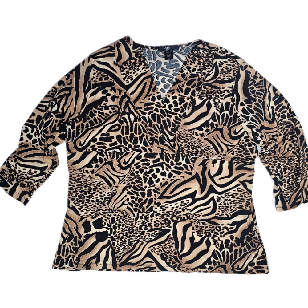 CDP & Co Woman Mixed Animal Print Peplum Blouse sz 1X Deep Open V-Neckline W-539